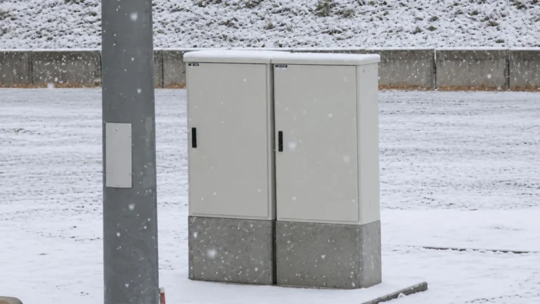 Armoire électrique polyester extérieure installée en bord de voirie sous la neige, illustrant le choix entre ventilation et étanchéité