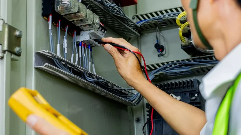 Técnico comprobando las conexiones y el cableado de un armario eléctrico con un multímetro.